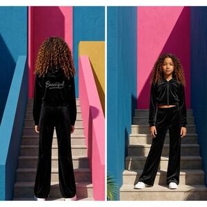 SHEIN Kids Black Velvet‎ Tracksuit Set Hoodie Flare Pants Beautiful Glitter 11Y